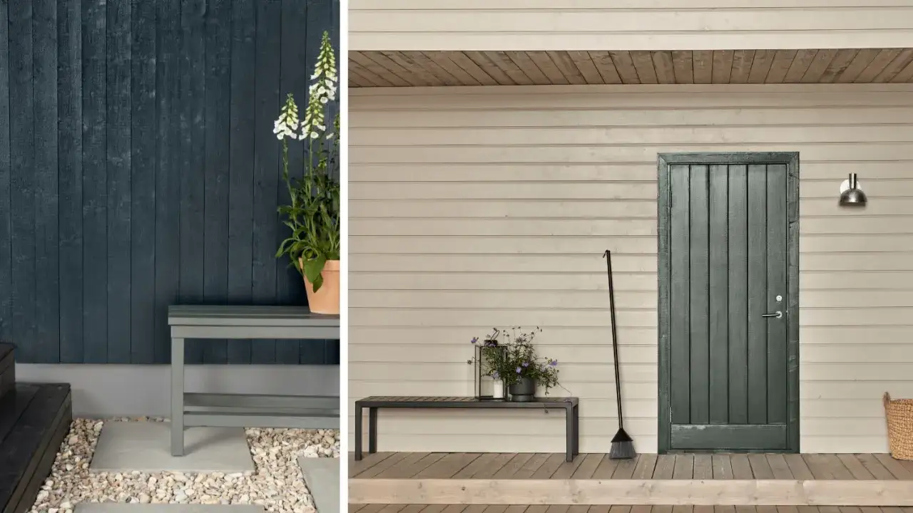 Två husfasader, en mörkblå med en bänk och blommor, en ljusbeige med en mörk dörr. Inspiration för att måla hus.