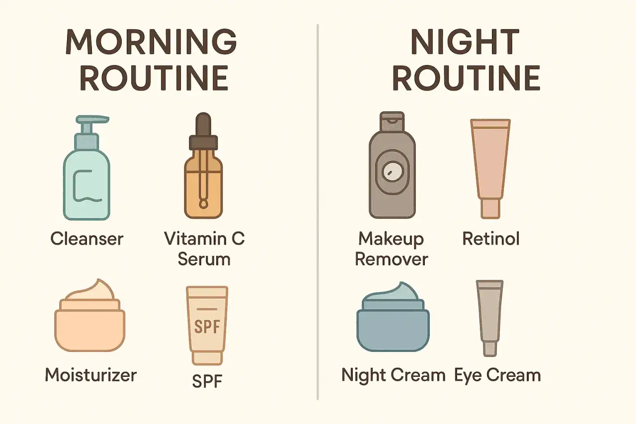 Rutina skincare piel normal: mañana (limpiador, sérum Vit C, hidratante, SPF) y noche (desmaquillante, retinol, crema de noche, contorno de ojos).