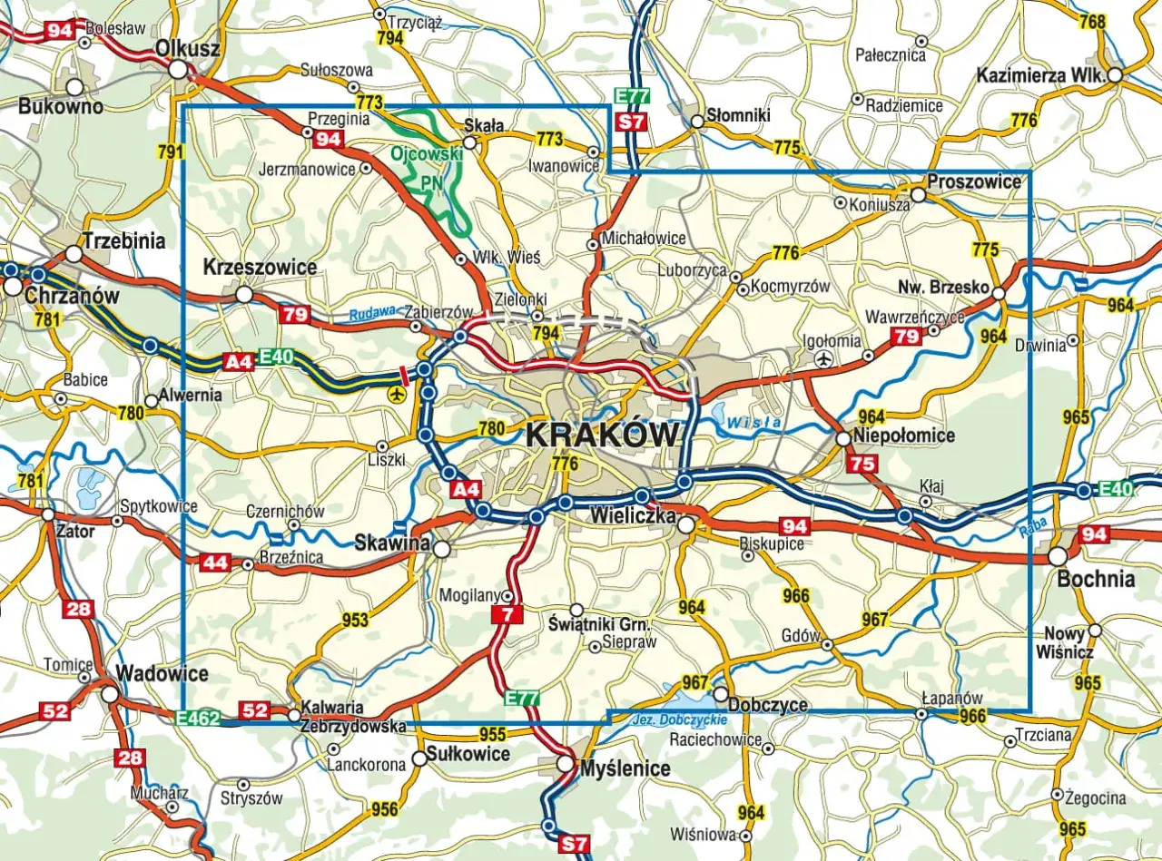 Mapa okolic Krakowa, idealna na weekendowe wypady. Zobacz, gdzie na weekend z Krakowa wybrać się do Ojcowskiego Parku Narodowego, Wieliczki czy Niepołomic.