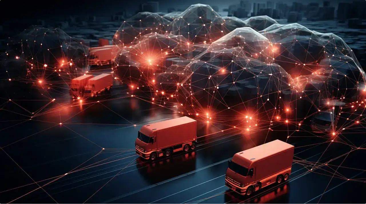 Camiones rojos en una red digital brillante, representando el futuro del **transporte carretera** y la logística conectada.
