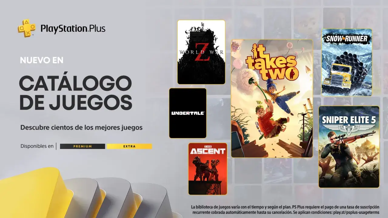 Catálogo de juegos de PlayStation Plus con títulos como It Takes Two, Snow Runner y Sniper Elite 5. ¡Descubre cientos de juegos!