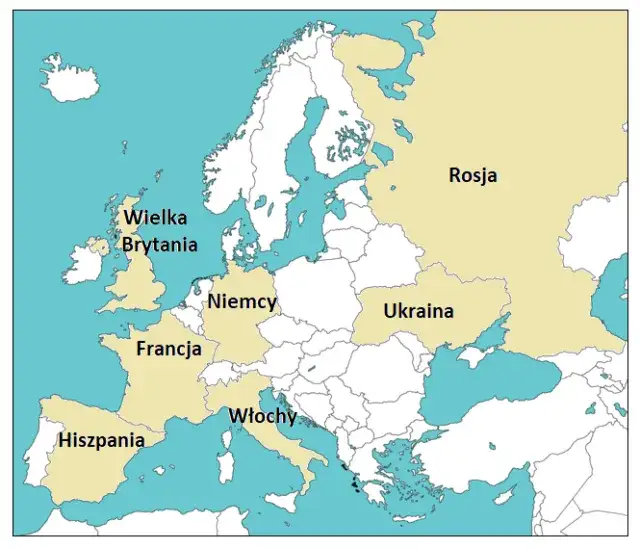 Mapa Europy z zaznaczonymi Niemcami, Francją, Danią, Szwecją, Wielką Brytanią jako krajami importu ciągników