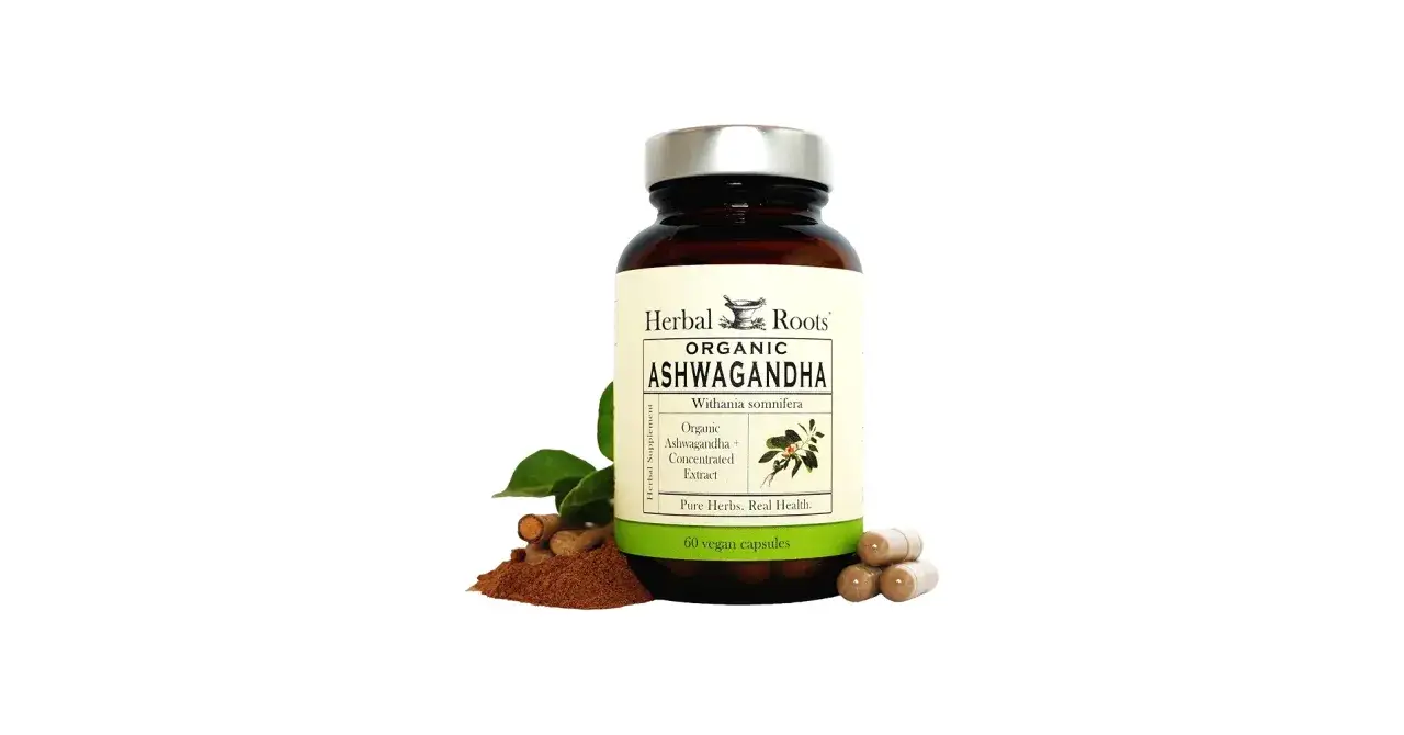 Butelka z organiczną ashwagandhą, proszek i kapsułki. Czy ashwagandha uzależnia? Ten suplement zawiera czyste zioła dla zdrowia.