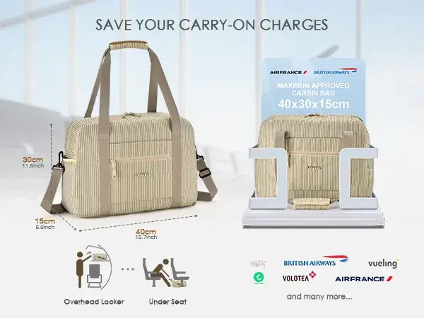 infographie montrant les dimensions d'un bagage cabine et d'un petit sac à main