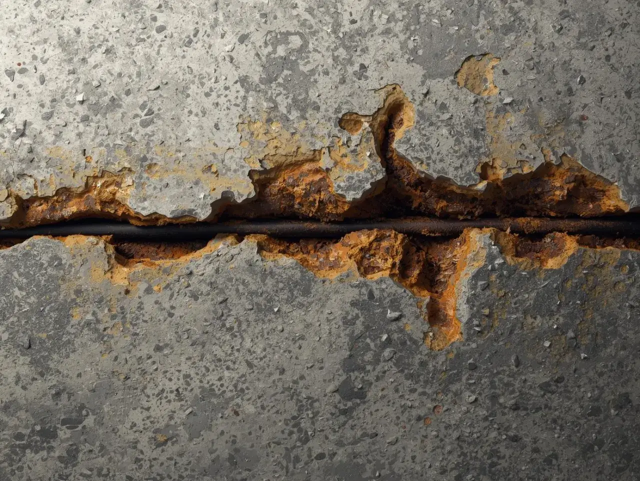 Détail d'un béton fissuré révélant une barre d'armature rouillée, illustrant le processus de passivation des fers.