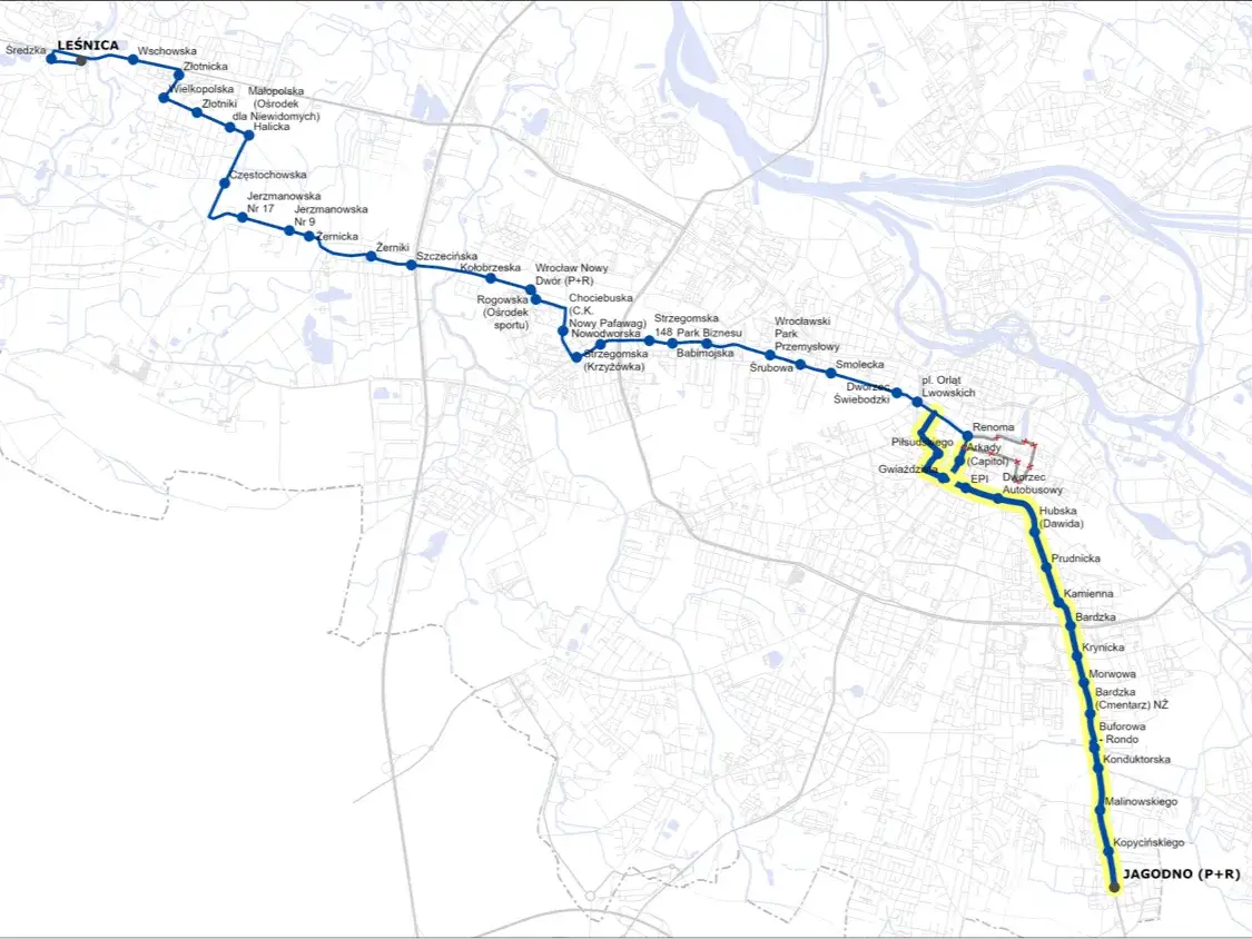 Mapa trasy autobusu 146 Wrocław