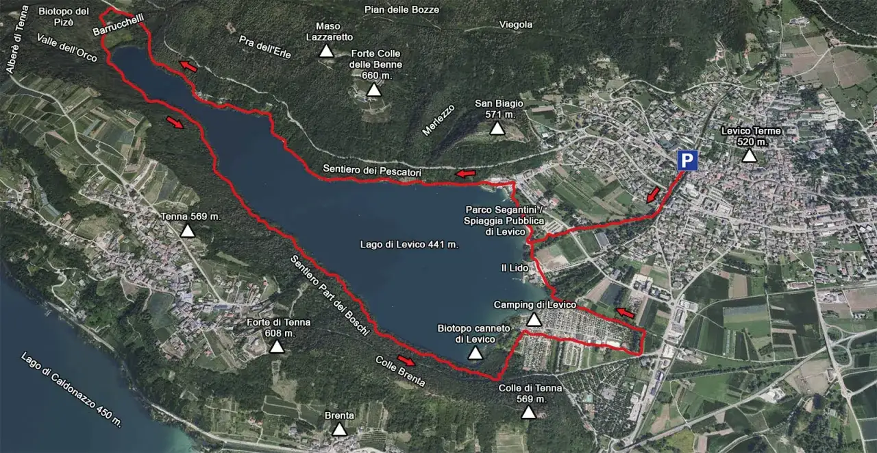 Percorso del giro del lago di Levico, con sentieri, borghi, campeggi e punti panoramici.