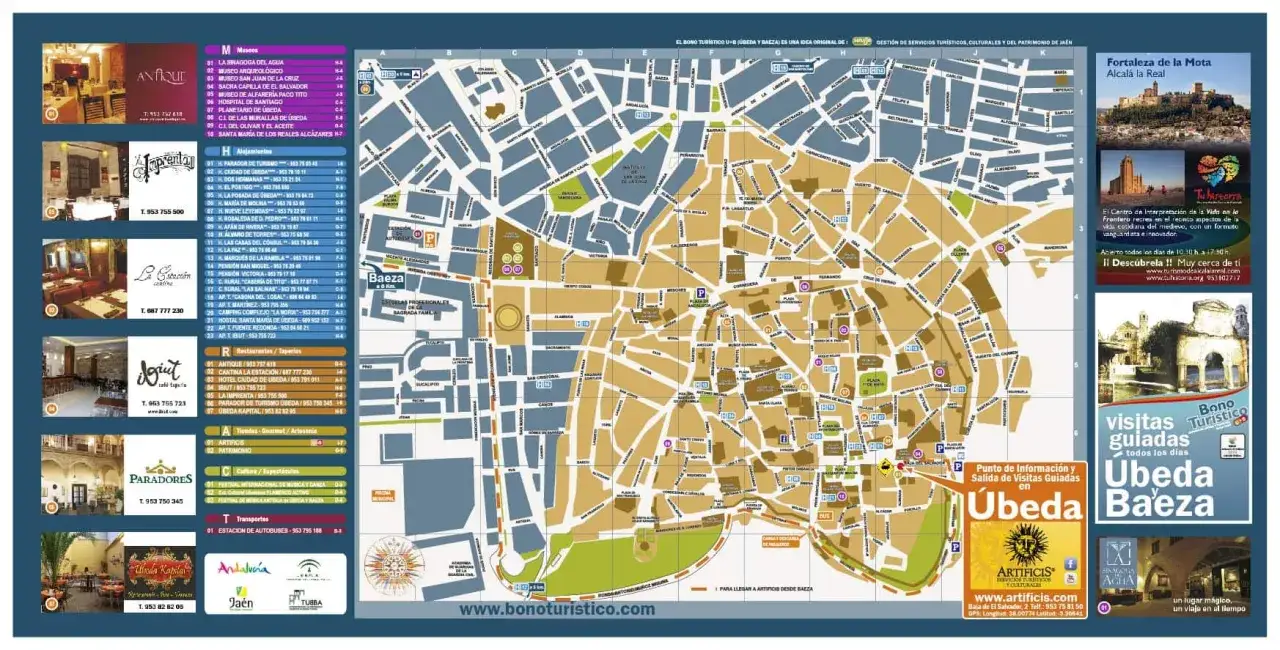Mapa turístico de Úbeda y Baeza, con puntos de interés, alojamientos, restaurantes y transporte. ¡Descubre qué ver!