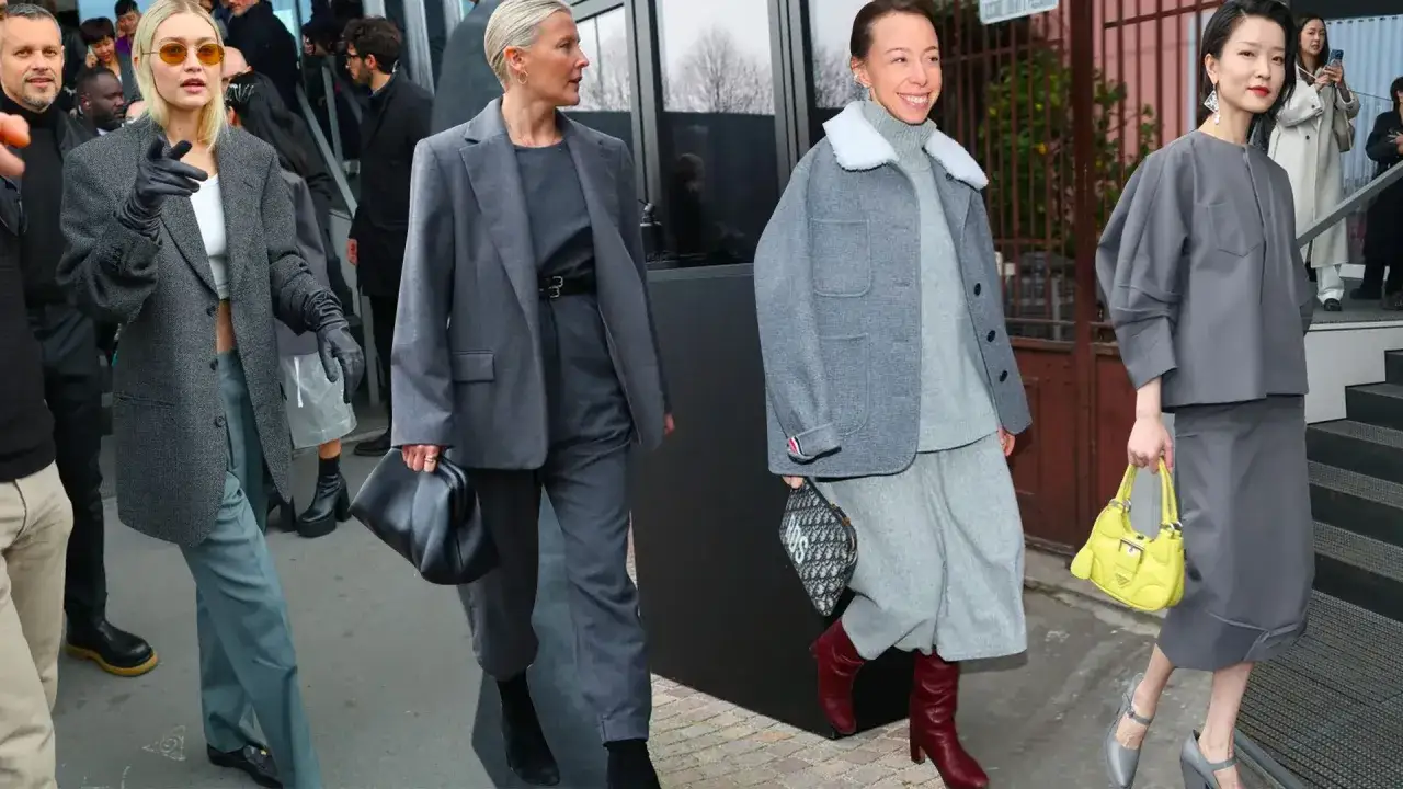 Donne con abiti grigi eleganti. Il colore antracite &egrave; un grigio scuro, quasi nero, che domina la scena.