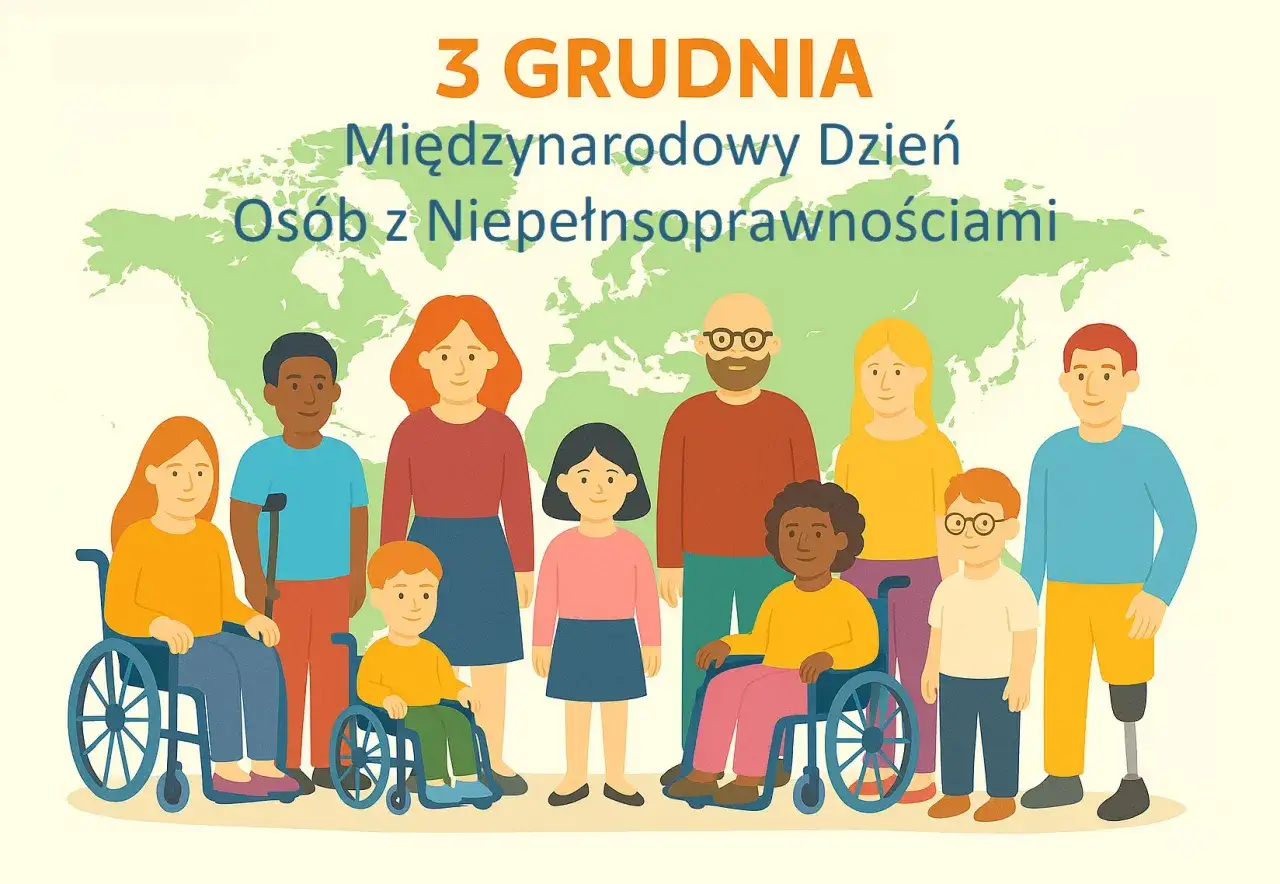 3 grudnia obchodzimy Międzynarodowy Dzień Osób z Niepełnosprawnościami. Ilustracja pokazuje różnorodną grupę ludzi, w tym osoby na wózkach, z protezą i z laską.