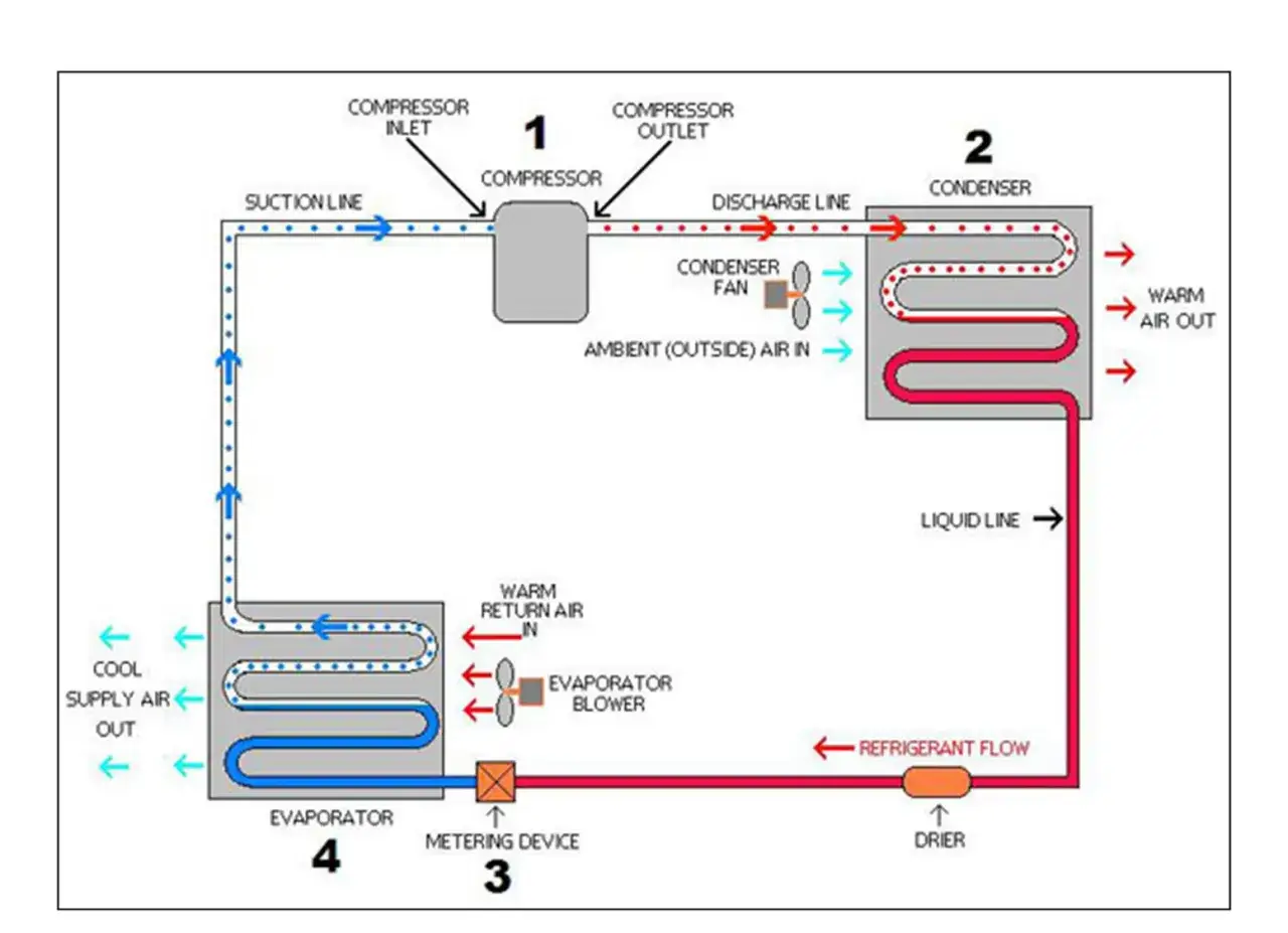 Diagrama de un ciclo de refrigeración con compresor, condensador, dispositivo de medición y evaporador. El flujo del refrigerante se muestra con flechas.