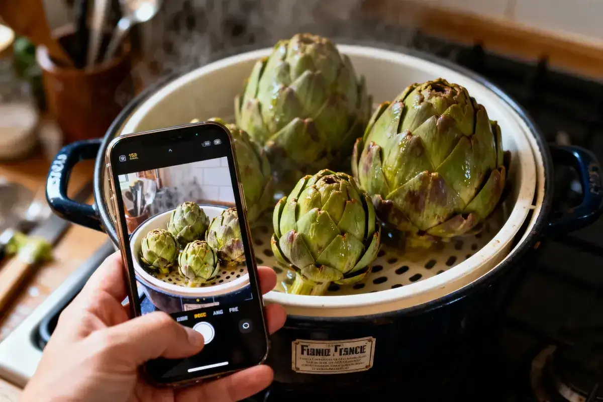 Un smartphone capture la cuisson d'artichauts &agrave; la vapeur dans une cocotte. La vapeur s'&eacute;chappe, promettant un d&eacute;lice v&eacute;g&eacute;tal.