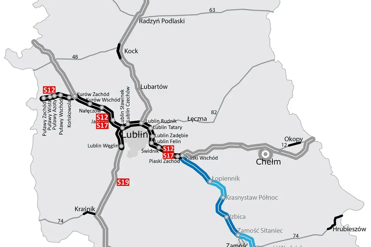 Mapa dróg S12 i S17, pokazująca trasę od Puław przez Lublin do Zamościa i Chełma.