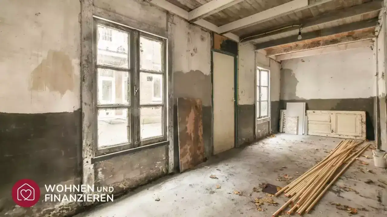 Renovierungsbed&uuml;rftiger Raum mit alten Fenstern und Holzbalken. Hier wird die Kernsanierung Kosten kalkuliert.