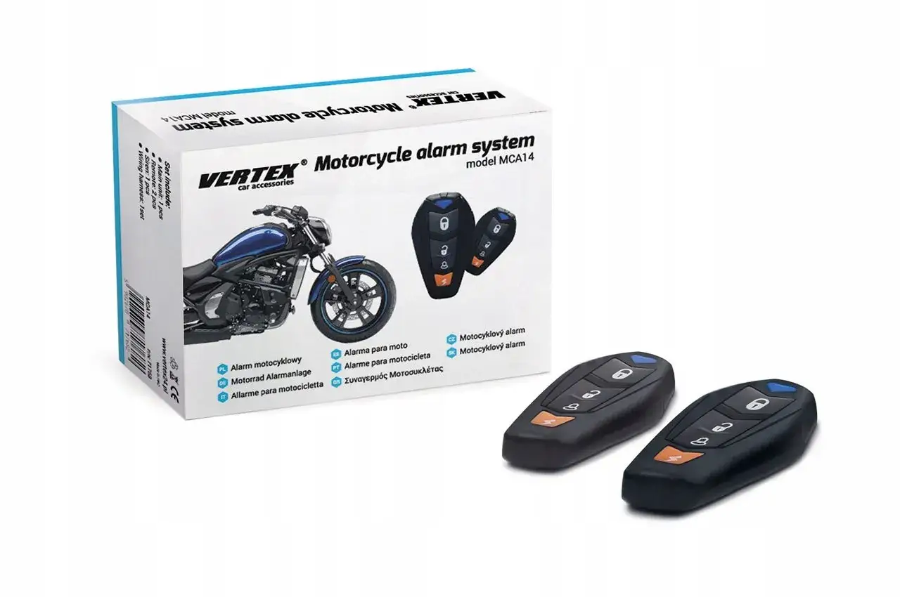 Zestaw alarmowy do motocykla Vertex z pilotami do zdalnego uruchamiania silnika.