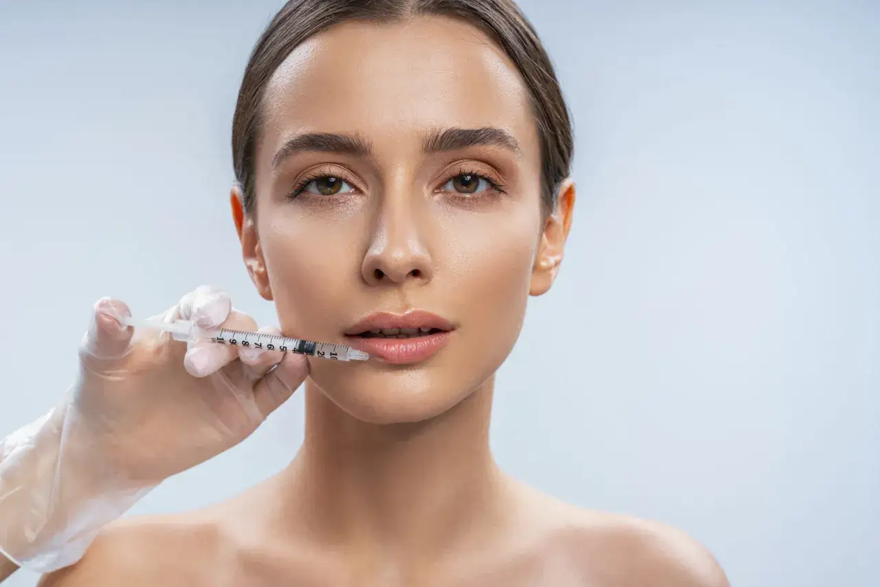 Una mano enguantada aplica ácido hialurónico en los labios de una mujer para darles volumen y definición.