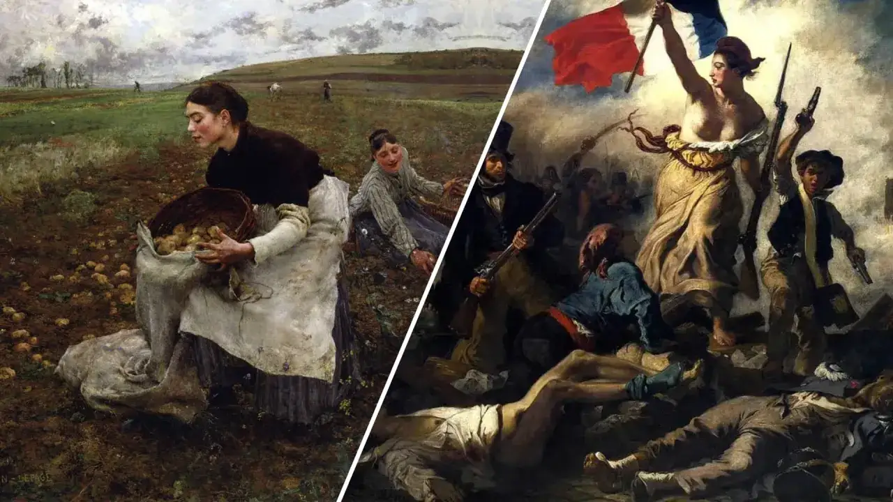 Dwie sceny: konwencja naturalistyczna ukazuje kobiety zbierające ziemniaki, a obok rewolucyjna alegoria wolności z flagą i bronią.