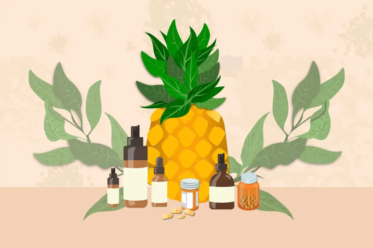 Ananas i suplementy. Bromelaina na stawy w kapsułkach i buteleczkach, wspierająca zdrowie.