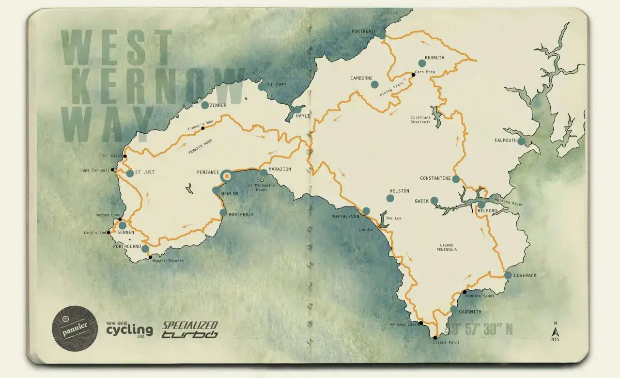 Karte der West Kernow Way Radroute, ideal für E-Bike Touren. Zeigt Orte wie St. Ives, Penzance und Lizard Point.