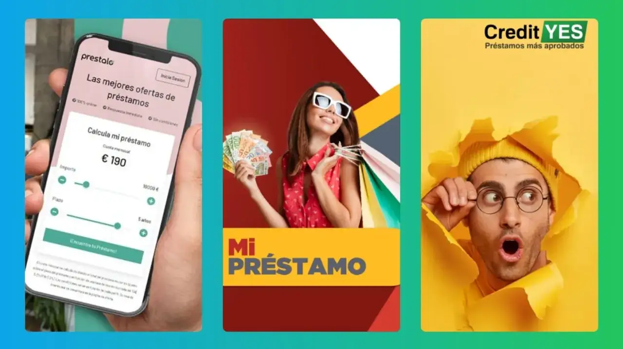 Calculadora de préstamos en un móvil, mujer feliz con dinero y bolsas, y hombre sorprendido. Opiniones sobre préstamos rápidos.