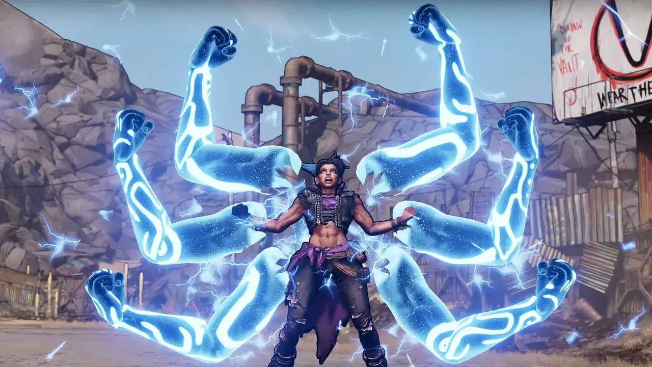 Amara de Borderlands 3 desata sus brazos fantasmales de energía azul, rodeada de relámpagos.