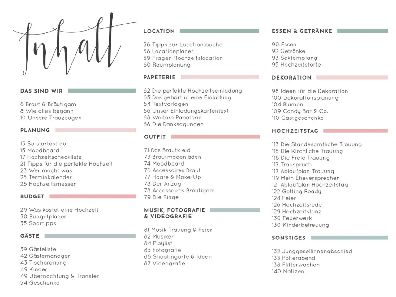 Inhaltsverzeichnis einer Hochzeitsplanung: Tipps für Location, Papeterie, Outfit, Essen, Deko, Ablauf & mehr. Ein guter wedding planer hilft bei jedem Schritt.