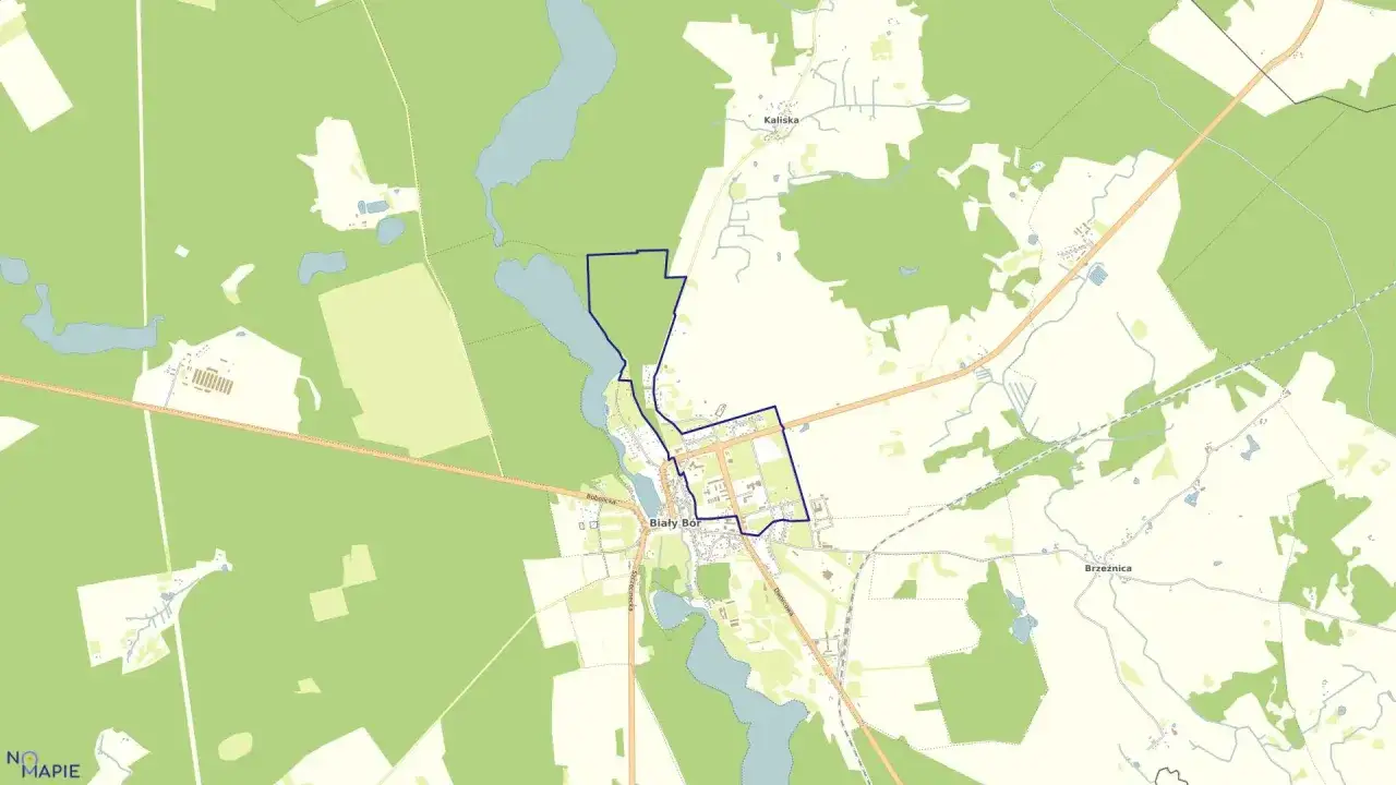 Mapa przedstawia Biały Bór w województwie podkarpackim, otoczony lasami i jeziorami.