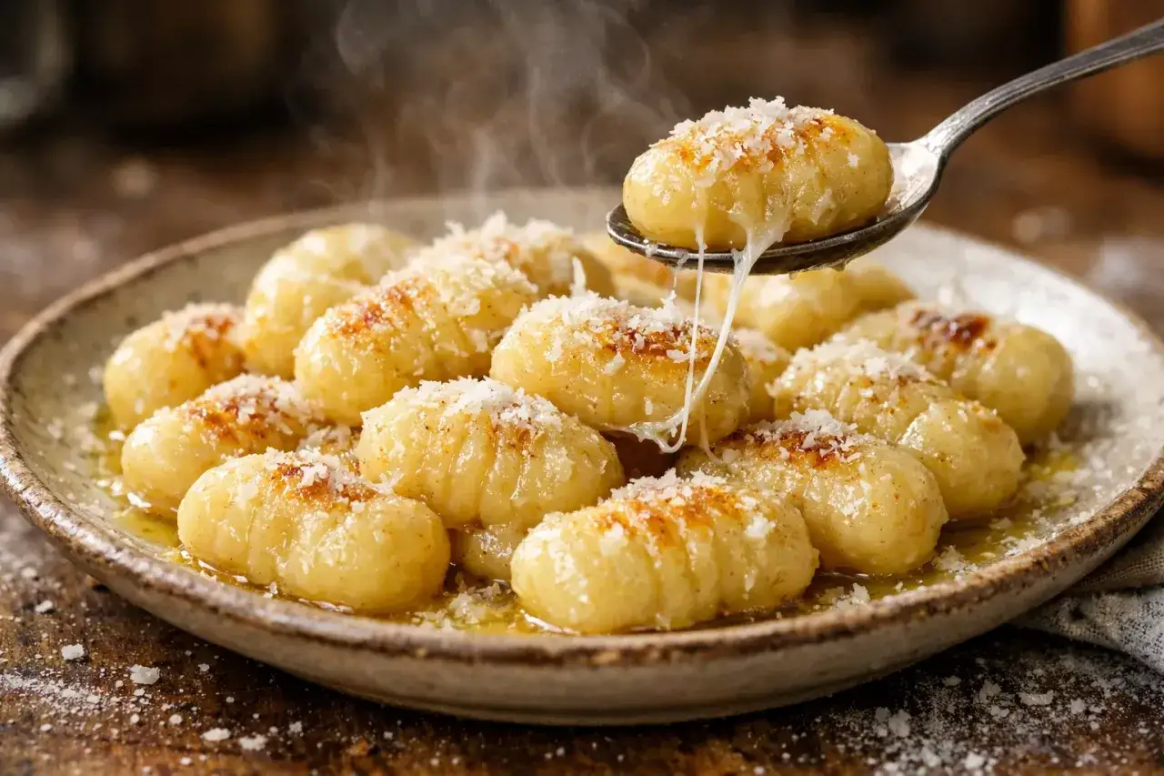 Gnocchis dor&eacute;s et fumants, saupoudr&eacute;s de parmesan, pr&ecirc;ts &agrave; &ecirc;tre d&eacute;gust&eacute;s. Une recette simple et gourmande.