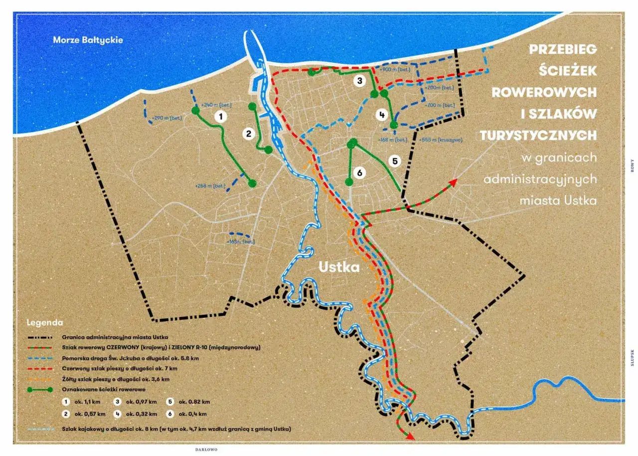Mapa szlaków rowerowych i turystycznych w Ustce, z zaznaczonymi trasami w okolicach Słupska i Darłowa.