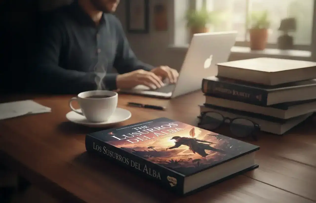 Un autor trabaja en su port&aacute;til, rodeado de libros y una taza de caf&eacute; humeante. Las editoriales publican libros como 