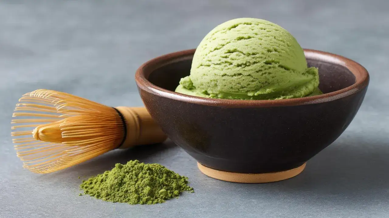 Eine Kugel cremiges Matcha-Eis in einer Schale, daneben ein Chasen und ein H&auml;ufchen Matcha-Pulver. Perfekt f&uuml;r ein einfaches Matcha Eis Rezept.