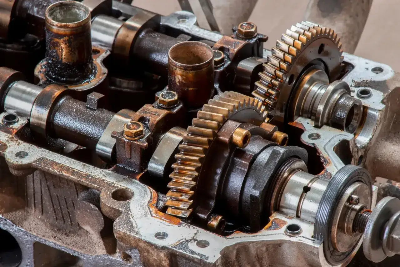 Mechanizm zmienne fazy rozrządu w silniku, z widocznymi wałkami, kołami zębatymi i śladami oleju.