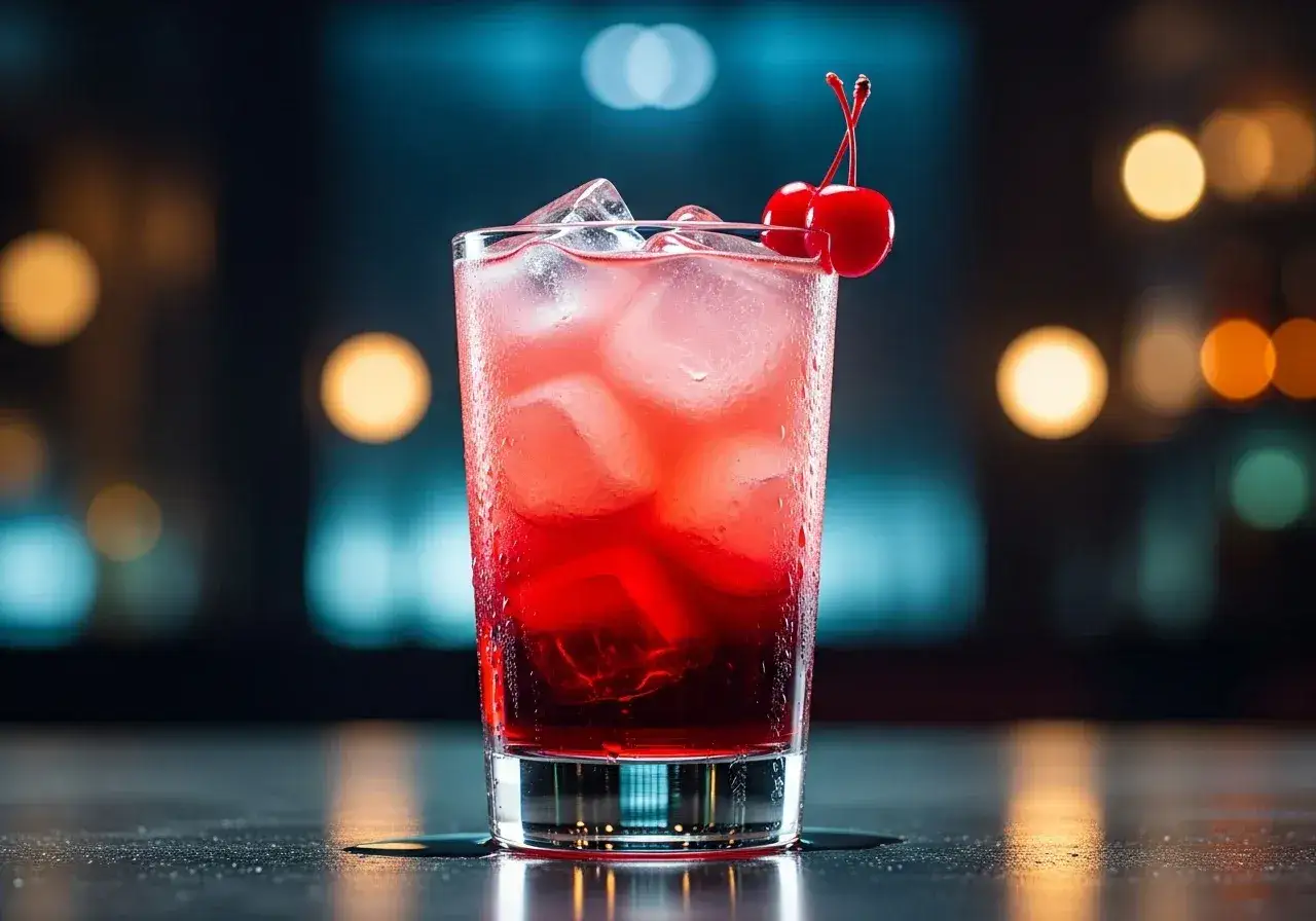 En r&ouml;d drink med is och k&ouml;rsb&auml;r, en perfekt brandbil drink f&ouml;r en festlig kv&auml;ll.