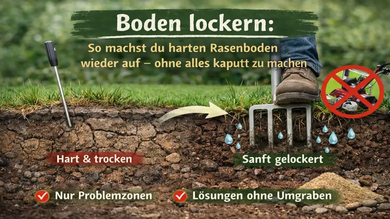 Harter Rasenboden wird mit einer Grabegabel sanft gelockert, um ihn wieder aufzulockern.