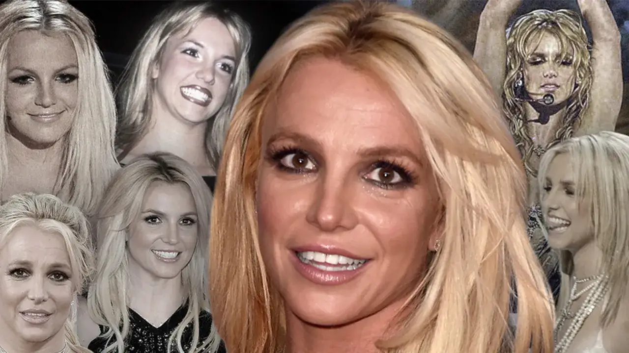 Kolaż zdjęć Britney Spears, pokazujący jej ewolucję na przestrzeni lat. Widać różne etapy jej kariery i zmiany w wyglądzie, odzwierciedlające jej wiek i styl.
