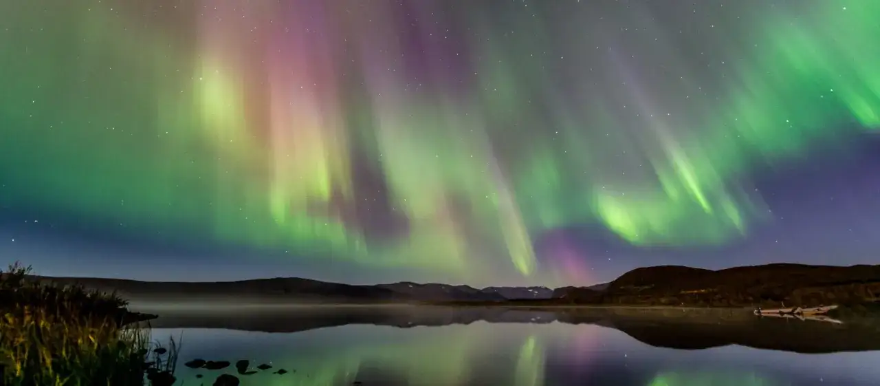 Norrsken över en spegelblank sjö i norra Sverige. Gröna och lila ljusstrimmor dansar över en stjärnklar himmel.