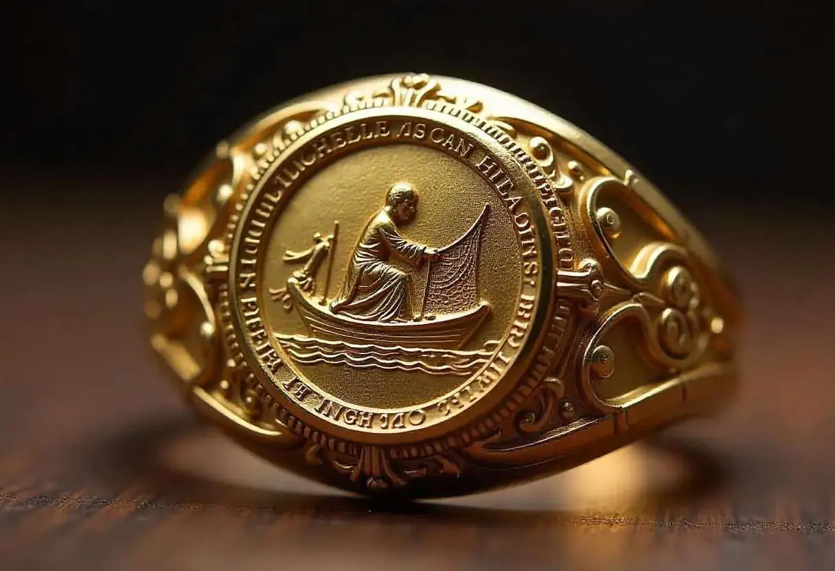 Goldener siegelring papst mit Fischer im Boot, der sein Netz auswirft. Ein Symbol f&uuml;r Glauben und Berufung.