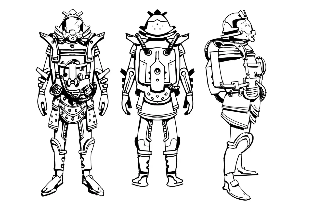Modèle de personnage futuriste inspiré des samouraïs, vu de face, de dos et de profil. Armure complexe avec des éléments mécaniques.