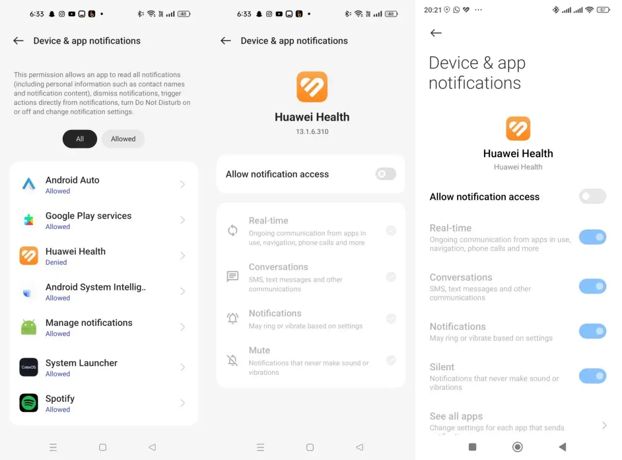Ustawienia powiadomień Huawei Health, najnowszą wersja aplikacji, pozwala na zarządzanie dostępem do powiadomień.