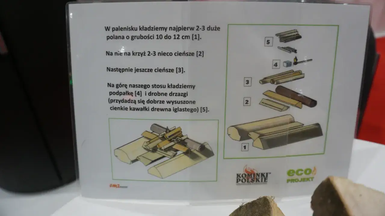 Instrukcja układania polan do kominka: najpierw grube, potem cieńsze, na górze podpałka.