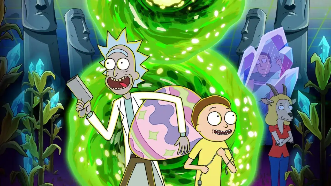 Rick und Morty, mit einem riesigen Osterei, stehen vor einem grünen Portal. Im Hintergrund sind Moai-Statuen und eine Ziegenfrau zu sehen. Staffel 8 verspricht Abenteuer!