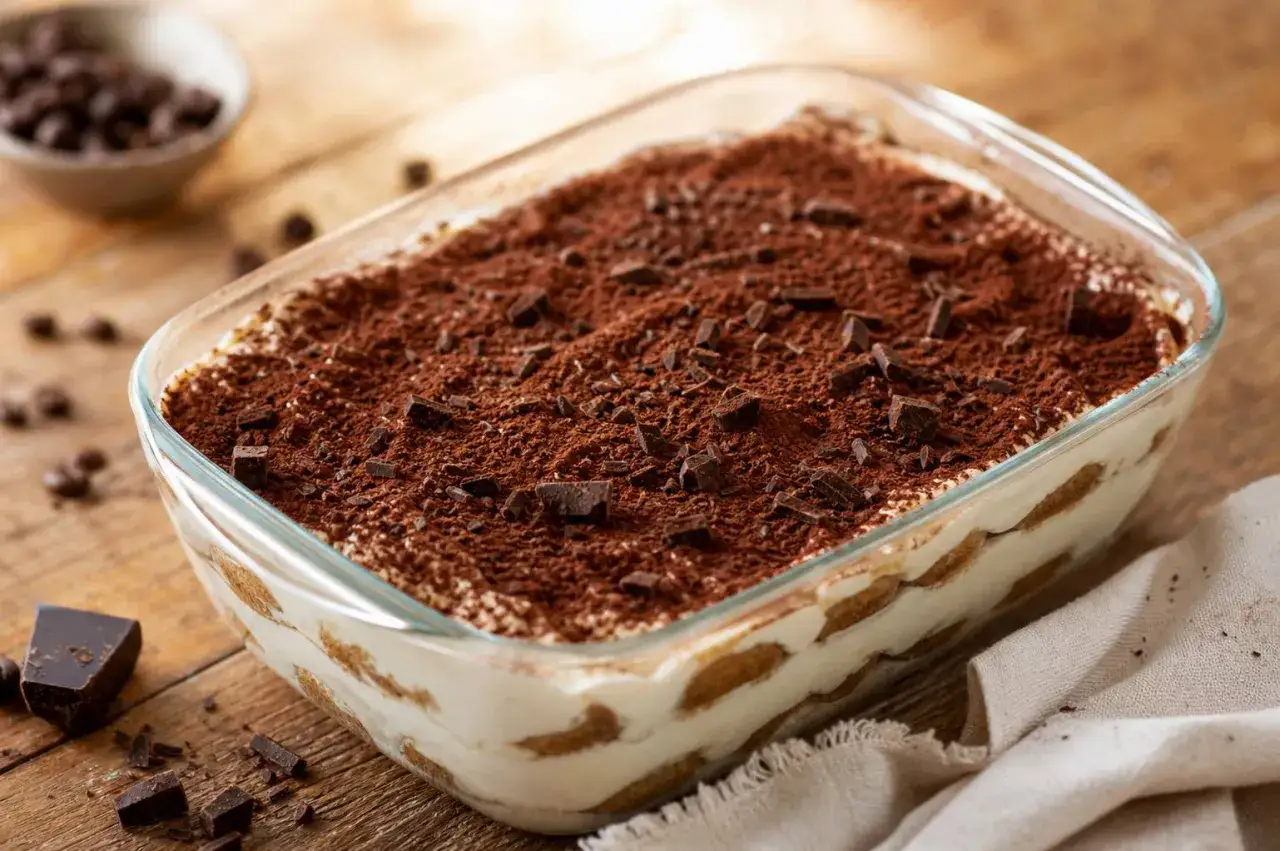 Un d&eacute;licieux tiramisu caf&eacute; dans un plat en verre, saupoudr&eacute; de cacao et de copeaux de chocolat. Parfait pour une recette gourmande.