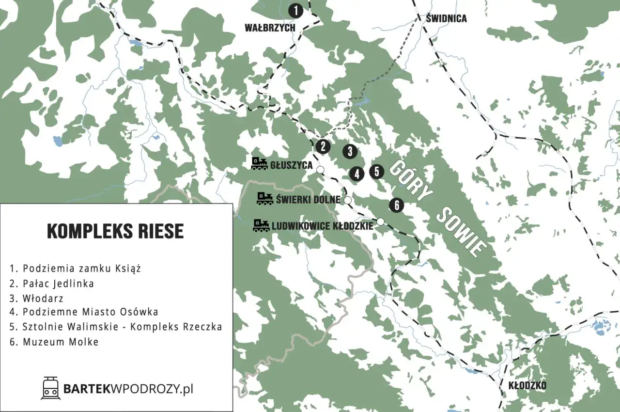Mapa turystyczna przedstawiająca lokalizację obiektów wchodzących w skład kompleksu Riese w Górach Sowich.