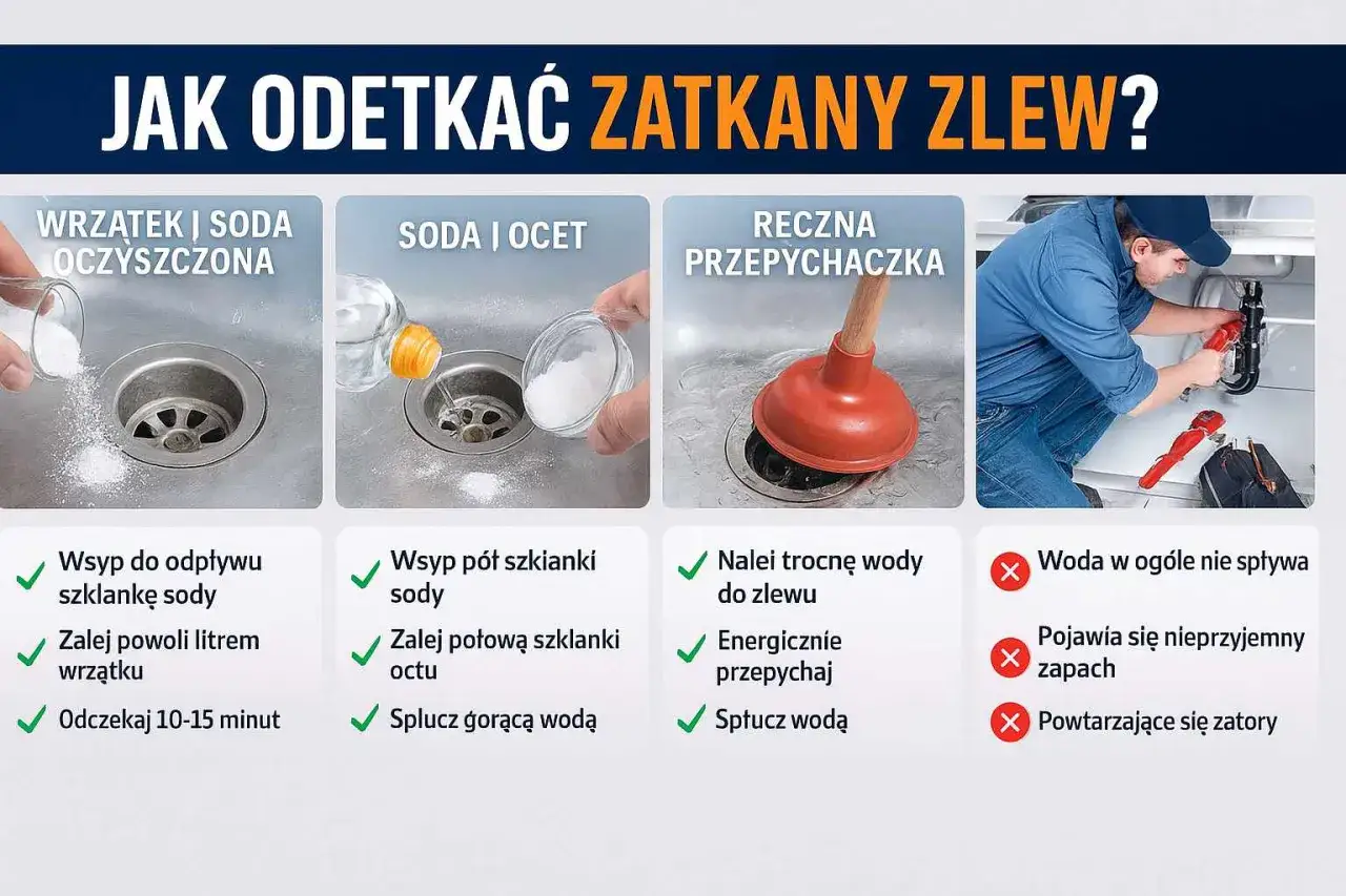 Jak odetkać zatkany zlew? Wsyp sodę, zalej octem lub użyj przepychaczki. Gdy woda nie spływa, to znak, że trzeba działać.
