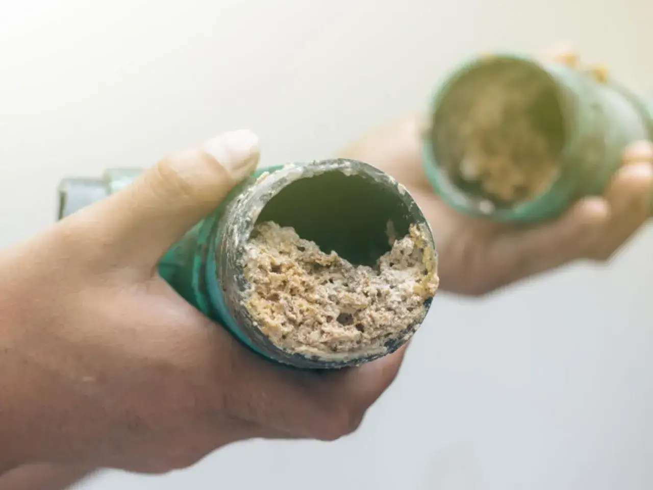 Manos sostienen tuberías de desagüe obstruidas con depósitos calcáreos, un problema común al intentar desatascar fregadero.