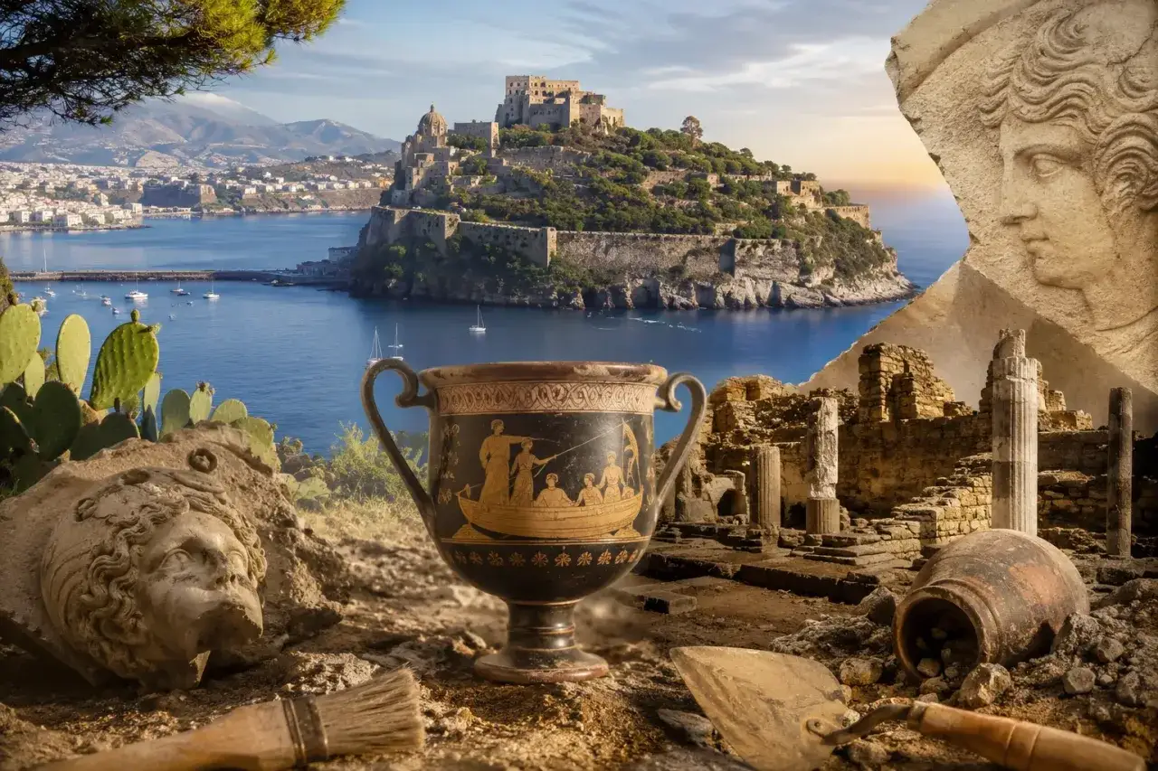 Antico vaso greco e rovine archeologiche su Ischia, un viaggio nella sua storia millenaria.