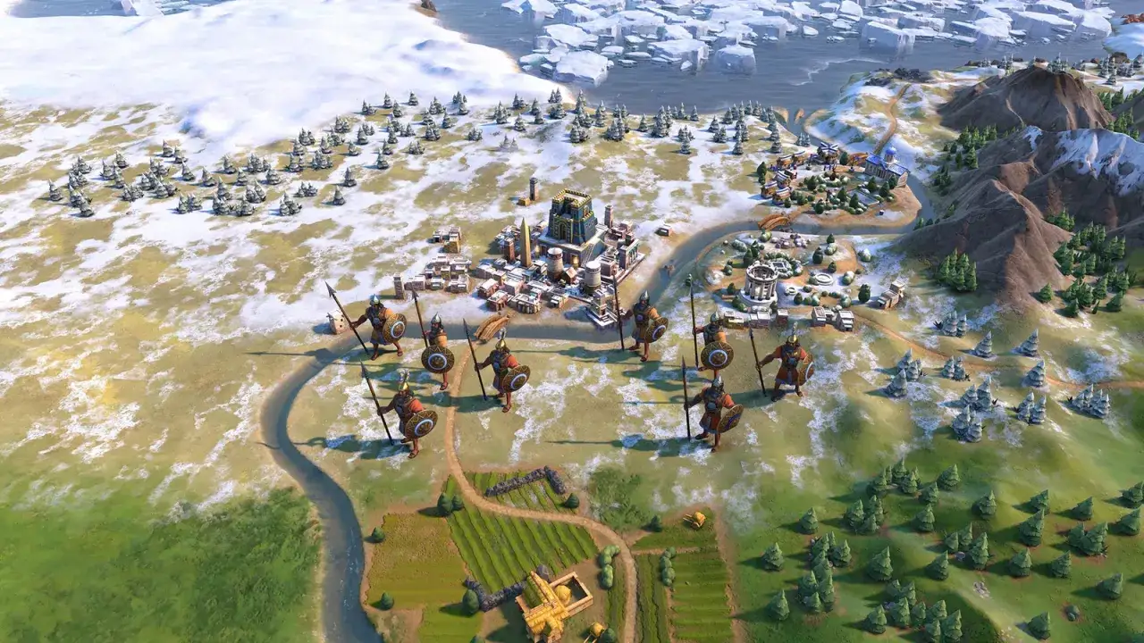 Starożytni wojownicy bronią miasta w grze strategicznej na PC. Rozbudowana mapa z górami i lodem.