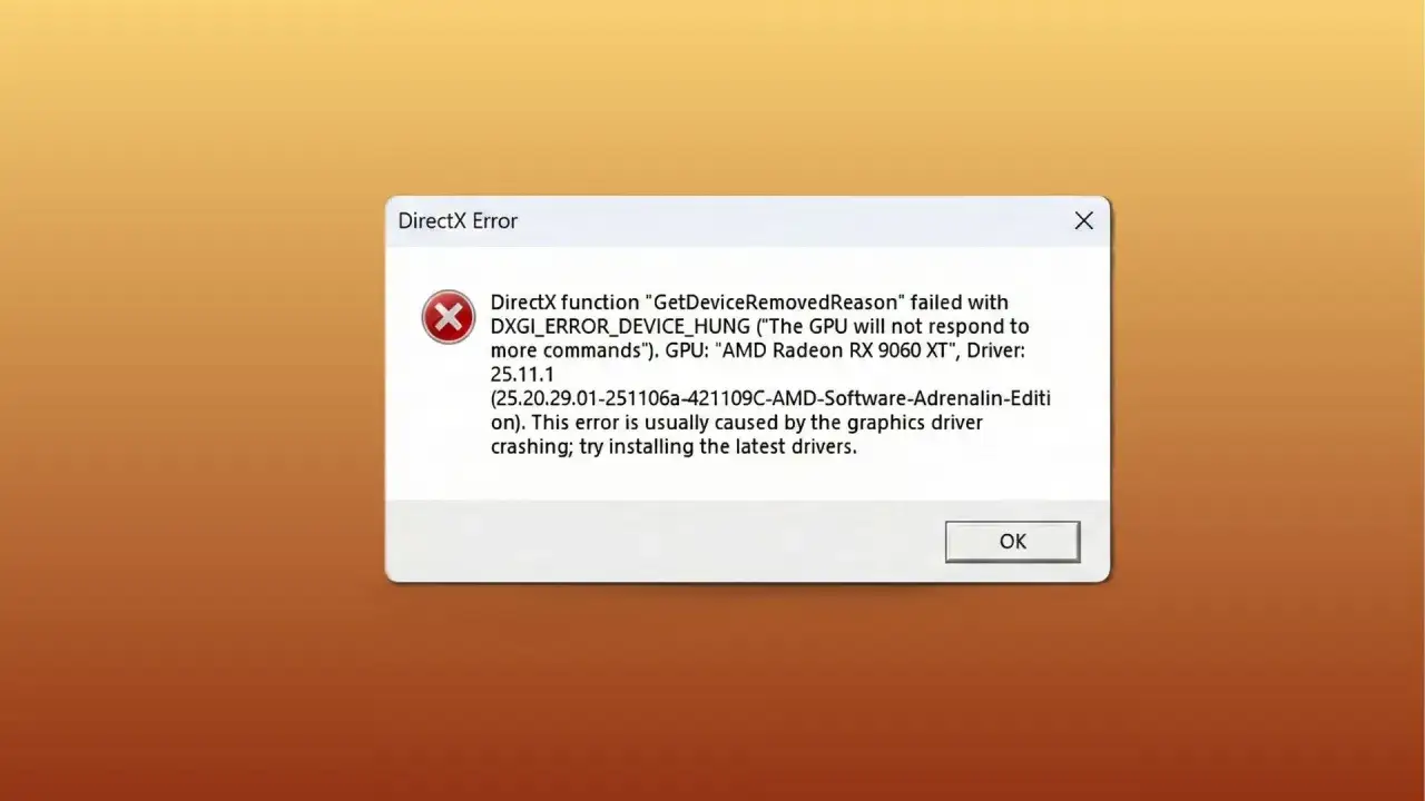 Błąd DirectX z komunikatem o zawieszeniu GPU AMD Radeon RX 9060 XT. Sugerowane rozwiązanie: aktualizacja sterowników.