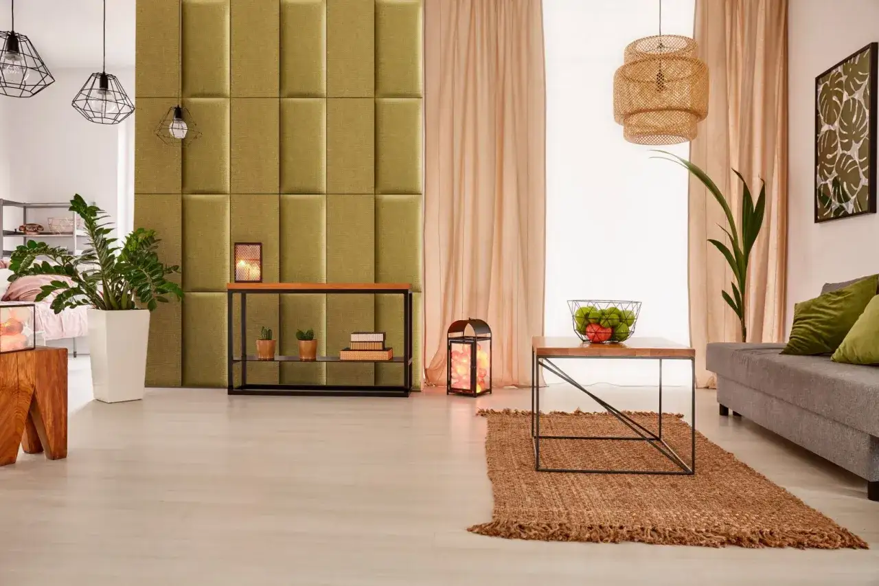 Przytulny salon z zieloną, tapicerowaną ścianą, meblami i roślinami. Idealna temperatura pokojowa do relaksu.