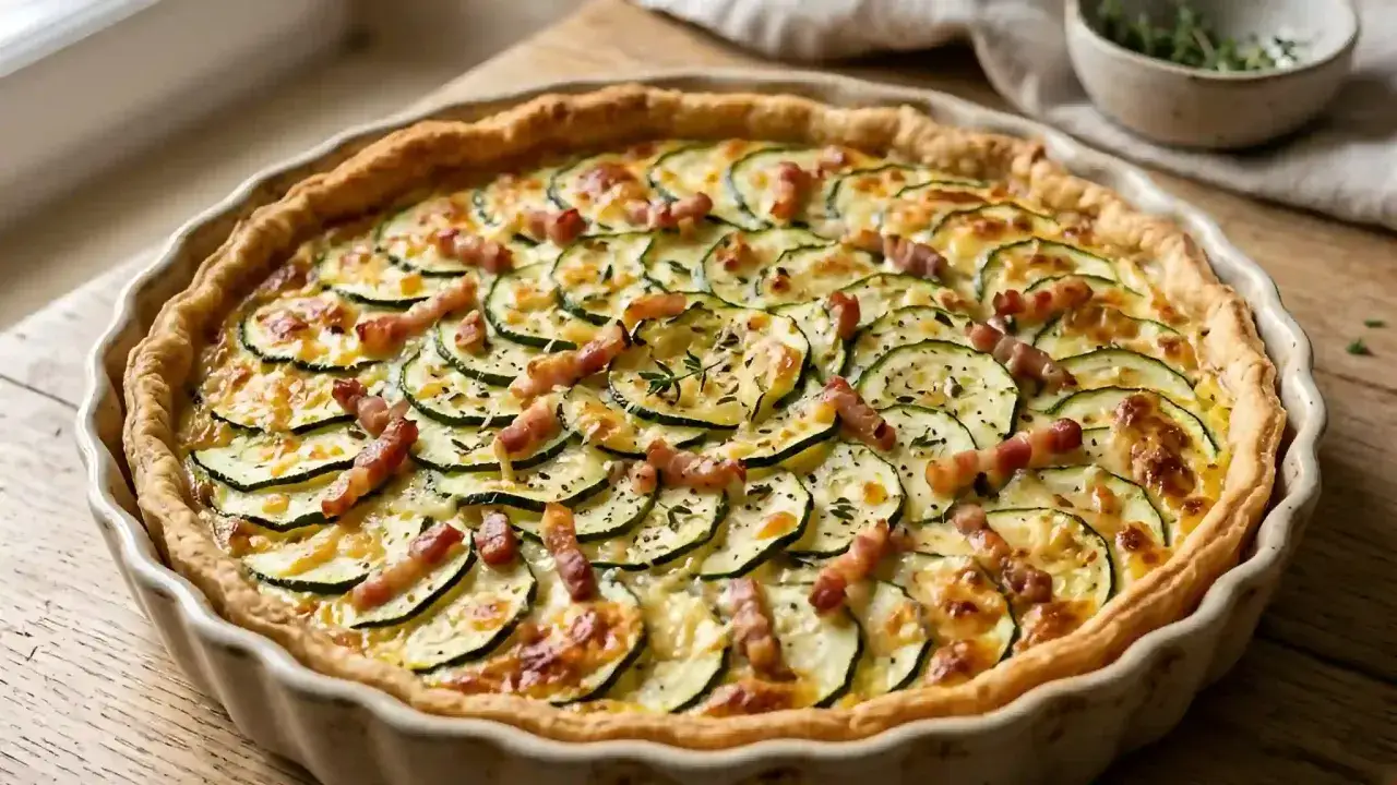 Une délicieuse quiche courgette lardon, garnie de fines rondelles de courgettes, de lardons croustillants et d'herbes fraîches, sur une pâte dorée.